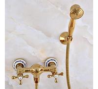 Juego de grifería con Cabezal de Ducha de Mano para baño, de latón, Color Dorado Pulido de Lujo, Mezclador, manijas Cruzadas Dobles, Mna972