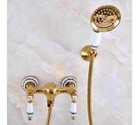 Juego de grifería con Cabezal de Ducha de Mano para baño, de latón, Color Dorado Pulido de Lujo, Mezclador, manijas Dobles de cerámica, Mna987