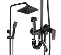 Juego de grifería de Ducha de latón de Lujo para Alta presión: Cabezal de Lluvia Mural + rociador de Mano (embellecedor Incluido) (Cuadrado, 3 Funciones)