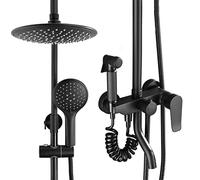 Juego de grifería de Ducha de latón de Lujo para Alta presión: Cabezal de Lluvia Mural + rociador de Mano (embellecedor Incluido) (Redondo, 3 Funciones)