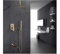 Juego de Grifo de Ducha de baño montado en la Pared con Cepillo Dorado, Cabezal de Ducha + grifos mezcladores, Cepillo de Ducha de Mano, grifos de baño Dorados - (Color: Burdeos)