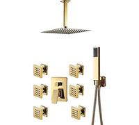 Juego de grifo de ducha dorado ultrafino de 8 pulgadas, kit de 6 piezas con mezclador de 3 vías, experiencia de lluvia lujosa para actualización de baño, elegantes chorros de cabezal de ducha