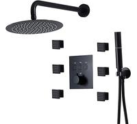 Juego de grifo termostático de ducha de 10 pulgadas, juego combinado de ducha de lluvia redondo de montaje en pared, kit de moldura de bañera y ducha con 2 funciones, pulverizador de mano y cabezal de