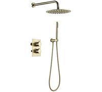 Juego de grifo termostático de ducha dorado cepillado con pulverizador de mano y cabezal de ducha de lluvia, montaje en pared, juego de ducha de un solo mango con válvula (8 pulgadas)
