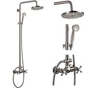 Juego de grifos de ducha de 8 pulgadas, alcachofa de ducha de lluvia, 2 pomos de cruz, sistema de ducha con pulverizador de ducha de mano, acabado de níquel cepillado, color plateado