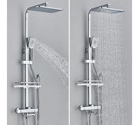 Juego de grifos de ducha expuestos, 4 funciones Sistema de ducha termostática, cabeza de ducha, ducha a mano, bocadera, rociador de bidé, estante de ducha de doble manija de montaje en la pared