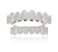 Juego de grillz de dientes de vampiro para Halloween con circonita cúbica de cobre brillante para tus dientes, para hombres y mujeres, chapado en oro de 18 quilates, circonita macro helada con barras