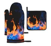 Juego de guantes de cocina con estampado de llama azul, para hornear a la parrilla, microondas, regalo de cocina