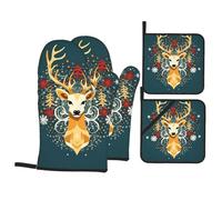Juego de guantes de horno y agarraderas de ciervo para regalo de Navidad, 4 unidades, resistentes al calor, juego de agarraderas extra largos, antideslizantes, guantes de cocina, almohadillas