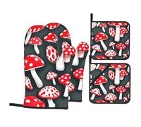 Juego de guantes de horno y soportes para ollas con estampado de hongos rojos y blancos. Guantes de cocina antideslizantes para hornear a la parrilla