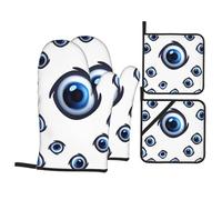 Juego de guantes de horno y soportes para ollas con patrón de ojos malvados, 4 guantes de horno resistentes al calor, juego de agarraderas extra largos, antideslizantes, guantes de cocina