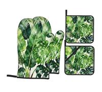 Juego de guantes de horno y soportes para ollas de plantas tropicales, guantes de cocina resistentes al calor, juego de 4 piezas para hornear, asar, cocinar, uso en microondas