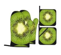 Juego de guantes de horno y soportes para ollas, guantes de cocina con estampado de rebanadas de kiwi, guantes de cocina de alta resistencia al calor