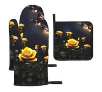 Juego de guantes y alfombrillas resistentes al calor con hermosas rosas amarillas impresas para hornear y asar a la parrilla