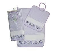 Juego de guardería escolar con colchoneta para bordar AMIGOS DEL BOSQUE, 2 piezas: babero de rizo con elástico de 28 x 32 cm, toalla de 40 x 55 cm con banda de etamina, 100% algodón, color lila