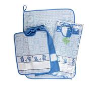 Juego de guardería escolar para bordar osito de 3 piezas: babero de rizo con goma elástica, 28 x 32 cm, toalla de 40 x 55 cm y bolsa de 34 x 38 cm, tela de algodón 100 % Made in Italy (Azzurro)