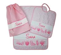 Juego de guardería personalizado con nombre compuesto por 3 piezas: babero de esponja con goma de 28 x 33 cm, toalla de 40 x 55 cm y bolsa con banda personalizados, algodón 100 % Made in Italy (rosa)