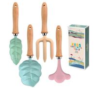 Juego de herramientas de jardín para niños pequeños, forma de hoja de 4 piezas con mango de madera