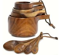 Juego de herramientas de medición de madera de haya y acacia natural para hornear café y miel, incluye tazas y cucharas con marcas grabadas permanentes (2 juegos)
