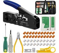 Juego de herramientas de red, crimpadora RJ45 con 20 conectores RJ45 Cat7/Cat6a Pass Through, comprobador de red, herramienta de colocación LSA, alicates pelacables, herramientas profesionales de