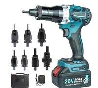 Juego de herramientas de tuerca de remache inalámbrica, pistola remachadora eléctrica automática con batería de 26 V y cargador, funda de transporte portátil para tuercas de remache M3 a M12