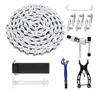 Juego de herramientas para cadena de bicicleta de 10 velocidades, 1/2 x 11/128 pulgadas, 116 eslabones. Incluye rompecadenas, probador de cadena, candado de cadena, alicates y cepillo. Ideal para el