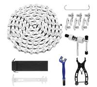 Juego de herramientas para cadena de bicicleta de 9 velocidades, 1/2 x 11/128 pulgadas, 116 eslabones. Incluye rompecadenas, probador de cadena, candado de cadena, alicates y cepillo. Ideal para el
