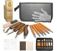 Juego de herramientas para tallar 26 piezas - Juego de tallado para niños y adultos con 8 bloques de madera de tilo, 4 cuchillos para tallar, cinceles, correas de extracción de cuero, guantes de