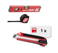 Juego de herramientas TOX con cúter, cinta métrica de 5 m y nivel de burbuja de 30 cm con impresión, cúter para moquetas (2 cuchillas de repuesto) y cinta métrica, 1 unidad de cada, 09790903