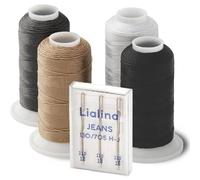 Juego de hilo de coser 100% poliéster/hilo extra fuerte, incluye agujas para máquina de coser, 4 x 250 m (blanco, negro, gris, beige), hilo de cuero para telas gruesas, certificado Öko-Tex, grosor 30