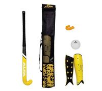 Juego de Hockey Compuesto Alfa | Amarillo | Juego Completo con Raqueta compuesta, espinilleras, Protector bucal, Pelota y Bolsa | Juego Todo en uno | Ideal para Principiantes y avanzados