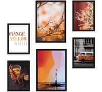 Juego de impresiones de pared color naranja, amarillo y blanco, sin marcos, decoración de pared para hogar y oficina, materiales certificados, fabricado en Italia, póster a juego, 2 x A3 y 4 x A4, 30