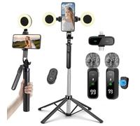 Juego de iniciación para crear contenidos, kit de vlogging para iPhone/Android, trípode de 180 cm con 2 rellenos y micrófono inalámbrico, kit de inicio de palo para selfie para Tiktok/YouTube