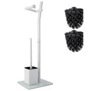 Juego De Inodoro - Blanco -22X18X70Cm- Incl. Soporte para Papel Higiénico Y Escobilla De Baño - Acero Inoxidable - Base De Vidrio - Plus: 1+2 Cabezas De Escobilla A Cambio!