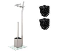 Juego De Inodoro - Cromo Mate -22X18X70 Cm- Incl. Soporte para Papel Higiénico Y Escobilla De Baño - Acero Inoxidable Cepillado - Base De Vidrio - Plus: 1+2 Cabezas De Escobilla A Cambio!