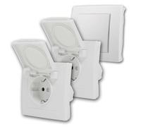Juego de interruptor y enchufe empotrable FLAIR de 3 piezas, IP44, con marco y junta de goma, conexión enchufable, 230 V/50 Hz, blanco, para baño, sótano y garaje