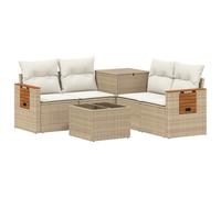 Juego de jardín de 6 piezas, color beige y blanco, crema, de poli ratán y | Sofás modulares, baúl de almacenamiento, cojines incluidos, marco de acero duradero, montaje fácil a dos