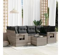 Juego de jardín de 7 piezas con cojines, gris claro, ratán PE, tablero de vidrio, mesa auxiliar plegable con elevación de gas, diseño modular para terraza y patio