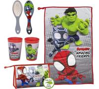 Juego de jardín de infantes Marvel Spidey & Friends, 3 piezas: toalla, cepillo y vaso en estuche de belleza sin PVC