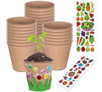 Juego de jardinería para niños, 24 macetas de fibra biodegradables con 12 hojas de calcomanías y 4 macetas de papel EVA para jardín, manualidades para plántulas, trasplante, plantación de flores, kit