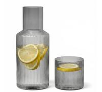 Juego de jarra de agua para mesita de noche con vaso de cristal, juego de taza de enjuague bucal, botella con tapa para invitados, baño, salón, 1000 ml (gris ahumado)