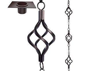 Juego de jaula para pájaros de 8.5 pies, cadenas de lluvia de hierro forjado no se oxidan para canalones con adaptador Gotta Drenaje y estaca de anclaje de cadena de lluvia, 13 tazas, 1 gancho,