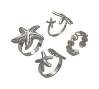 Juego de joyas ajustables de moda con diseño de estrellas de mar para mujer, trajes de playa y días calurosos, aleación de oro y plata, estilos costeros, anillos abiertos ajustables para mujer, talla