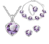 Juego de joyas con cuatro corazones, aretes, pulsera, anillo de moda, conjunto de joyas para mujer, formal (morado, talla única), Aleación de hierro, No es una piedra preciosa