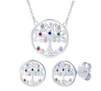 Juego de joyas de árbol de la vida con circonitas redondas, multicolor, plata 925, pendientes y collar para mujer y niña, brillante, árbol genealógico, plata, colgante, cadena, pendientes para mamá