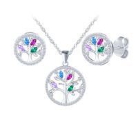Juego de joyas de árbol de la vida con marquesa multicolor, circonitas, plata 925, pendientes y collar para mujer y niña, brillante, árbol genealógico, plata, colgante, cadena, pendientes para mamá y