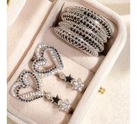 Juego de joyas de circonita cúbica, aretes de estrella y corazón para mujer | Dos tonos negro y blanco, accesorios de uso diario, anillo de banda apilable, con caja de almacenamiento