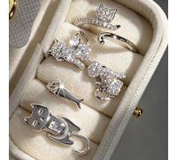 Juego de joyas de gato, asimétricos, anillo abierto ajustable para mujer | Piedras de circonita cúbica con temática de gato, anillo abierto ajustable, juego de 3 piezas, caja cuadrada incluida