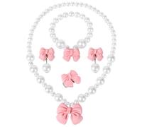 Juego de Joyas de Lazos Perlas para Niños, 5 Piezas Conjunto de Joyas con Collares Pulseras Anillos Pendientes de Clip, Set de joyería de princesa para Cumpleaños Fiesta Vestir Regalos (Rosa)