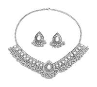 Juego de joyas indias vintage para mujer: gargantilla y pendientes de plata envejecida oxidada, regalo de boda bohemio con cristales, ropa festiva étnica para fiestas, Medium, Metal, Circonita cúbica